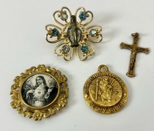 Lot Of 4 Vintage Catholic Jewelry Brooch Pins & Pendant Sacred Heart Mary Saint