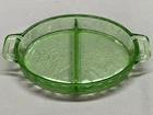 Vintage Jeanette Glass Poinsettia Uranium Green 8" Divided Oval Relish Dish