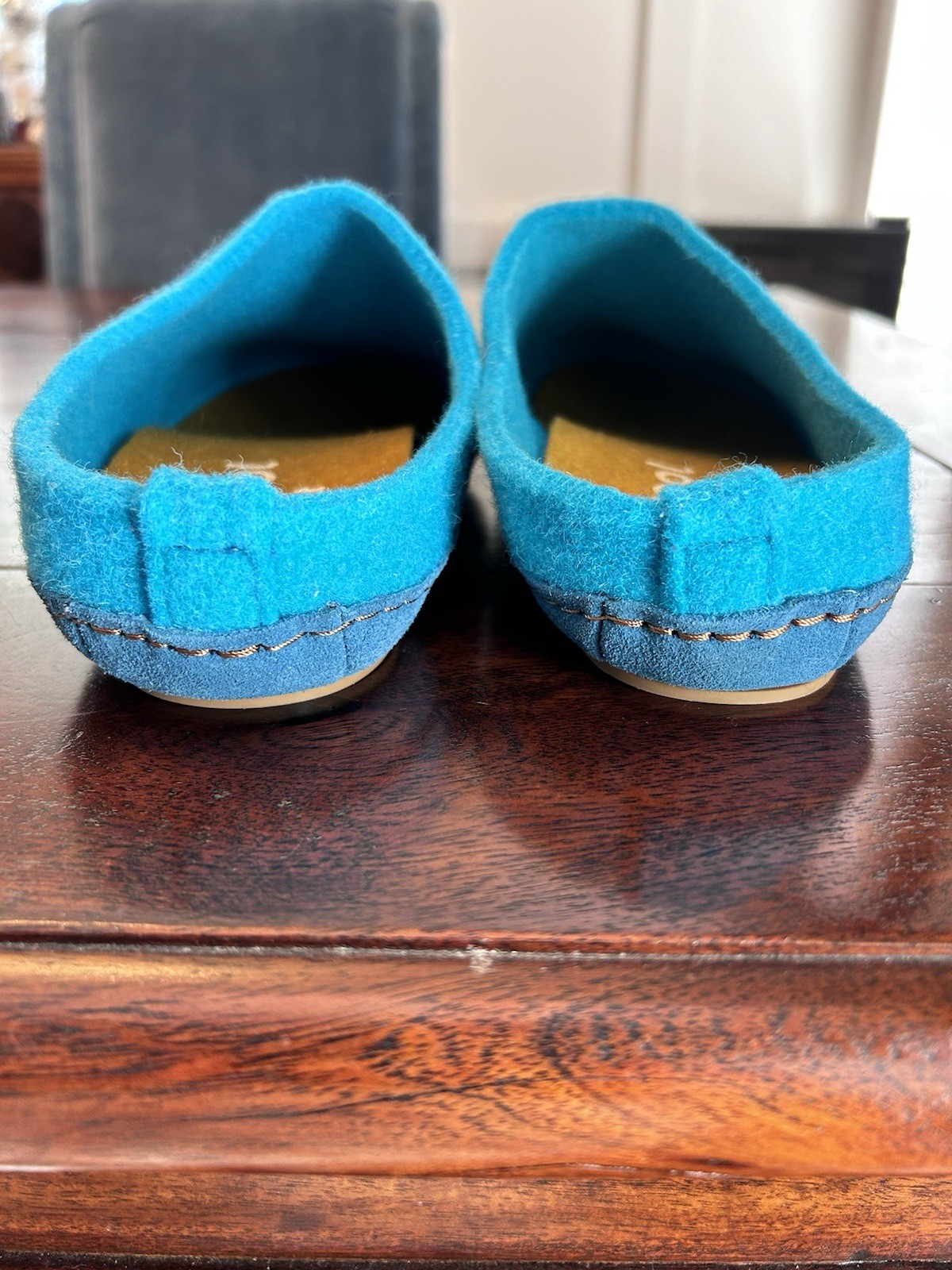 SAOLA Zoccoli ciabatte Cosyfeet lana 6 blu acqua verde suola gomma nuovi senza etichette Lagenlook LARGHI
