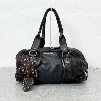 Miu Miu Mini Boston Bag Shiny Leather Flower Studs Charm