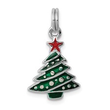 Sterling Silver Rhodium-plated Enamel Christmas Tree Charm Pendant 1.18 GM