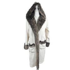 Pottery Barn Robe Ivory Cream Faux Fur Hood Long Plush Loungewear Bathrobe Sz S