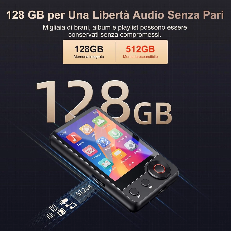 Lettore MP3 Bluetooth 5.3, 128 GB Di Memoria, Touchscreen Da 2,4 Pollici, Radio  - Immagine 2 di 4