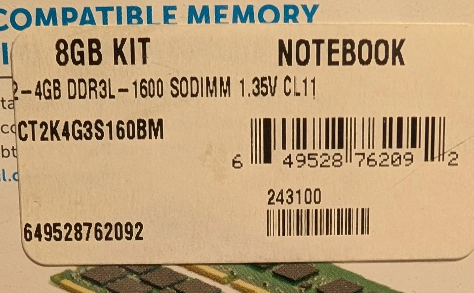CRUCIAL Memory by Micron 8GB KIT 2-4GB Notebook DDR3L 1600 SODIMM CT2K4G3S160BM - Image 4 of 4