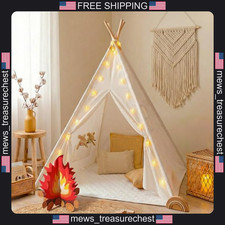 Kids Teepee Tent with Star Lights, Mat Campfire Toy, 48-inch Canvas Playhouse