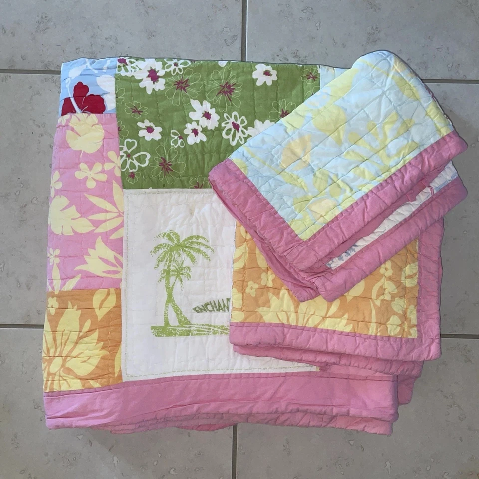 3pc Pottery Barn Kids PINK ISLAND SURF Hawaiian Floral F/Q Quilt Sham w EXTRAS - Image 2 of 4