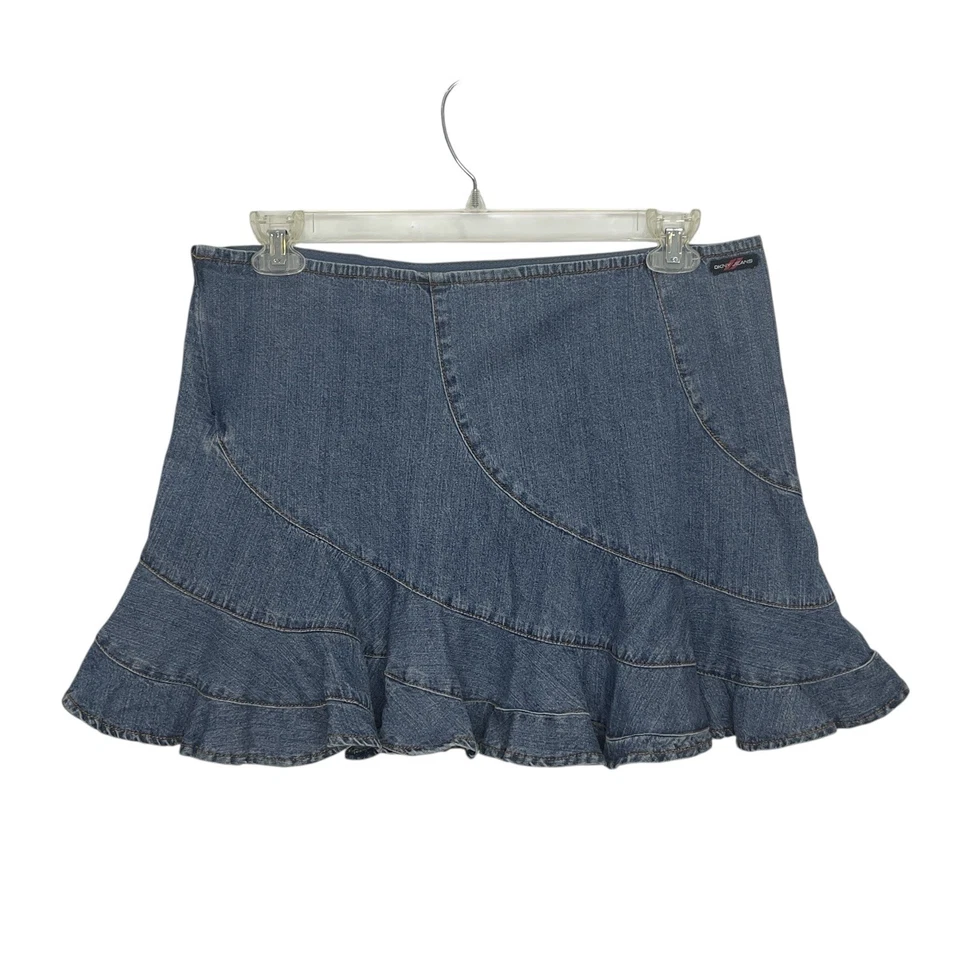 Mini-saia jeans vintage Y2K DKNY feminina tamanho 12 bainha de babado azul alargada - Imagem 2 de 4