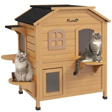 Wooden 2-Story Indoor or Outdoor Cat House W/ Escape Door, Cat Shelter, Natural