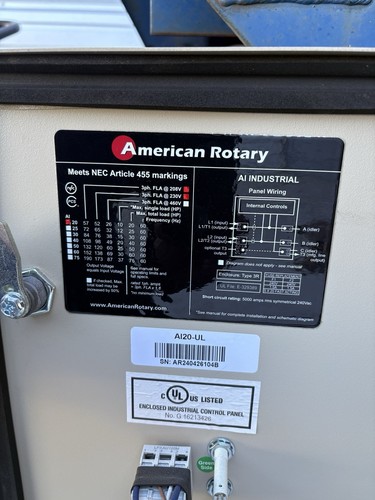 American Rotary AI20-UL 20HP Industrial Phase Converter Panel - UL Listed