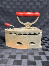 Antique Charcoal, Iron Cast-Iron, Laundry Coal  Press With Red Wooden Handle
