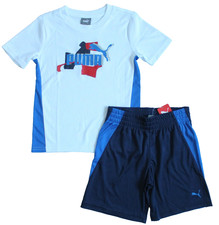 PUMA Little Boys Size 5 2-Pc Interlock SS Performance Tee Short Set White/Blue