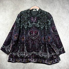 Laura Ashley Jacket Women 2X Black Floral Heart Velour Full Zip Lined Artsy Work