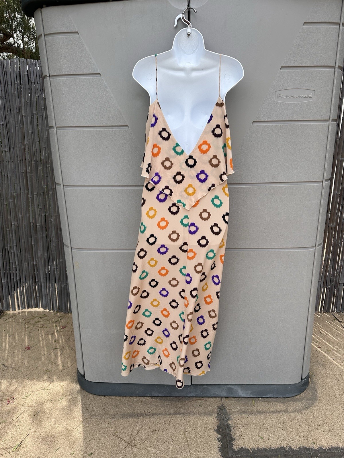 BLU MOON By PLANET BLUE Silk Maxi Slip Dress Ruffle Geo Print Sz S Vacation Y2K