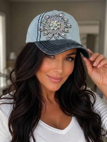 Women’s Blue Denim Aurora Borealis Crystal Flower Adjustable Baseball Cap