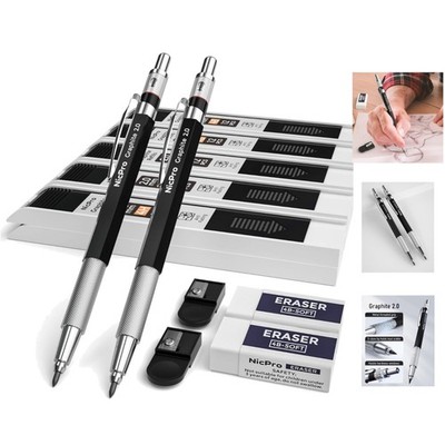 Luxury 2mm Metal Mechanical Pencil Set - 2PCS with 120 Graphite Leads & Erasers