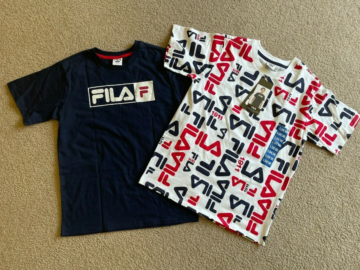 NWT Fila Big Kids T-Shirt Sports Logo Navy/White All Over Print Cotton  2-pack