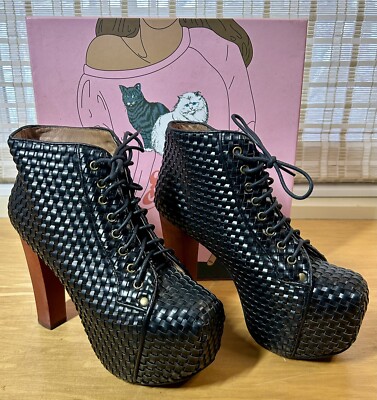 Jeffrey Campbell Lita-WV Black Woven Lace Up Platform Boots Heels Size 