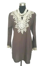 Tulip Top Sz S Brown White Embroidered Cotton V Neck Tunic M  NEW $66