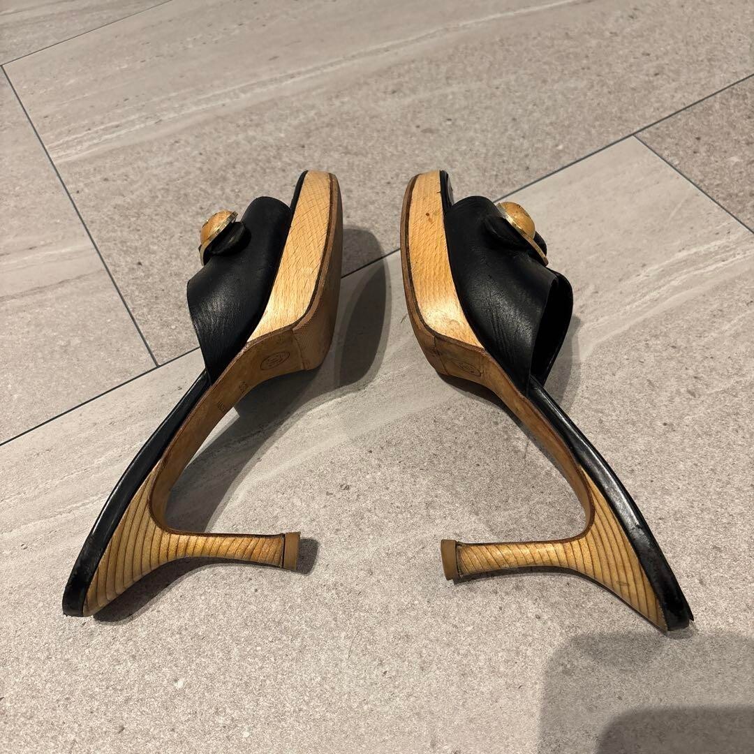 CHANEL Leather Wood COCO MARK Heel Sandals Mules Shoes Women EU 36