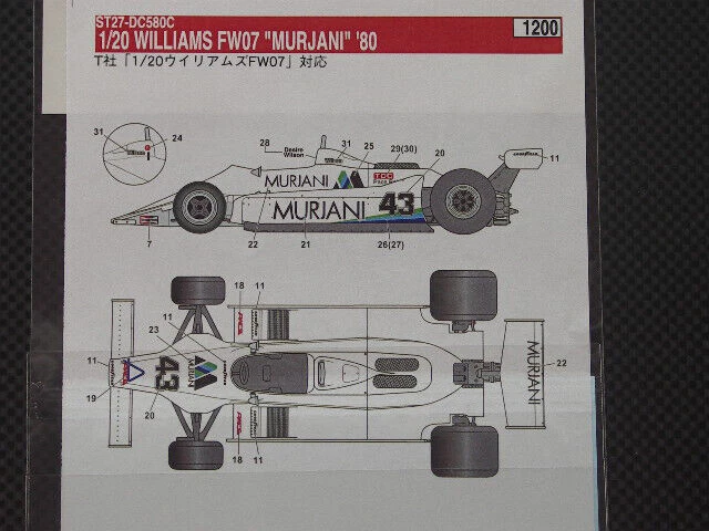 [ STUDIO 27 Decal ] Decalcomania 1/20 Williams FW07 per Tamiya dal Giappone 9142 - Immagine 2 di 3