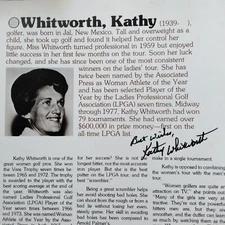 Kathy Whitworth SIGNED Bio Page Golfer World Golf Hall of Fame LPGA Winner