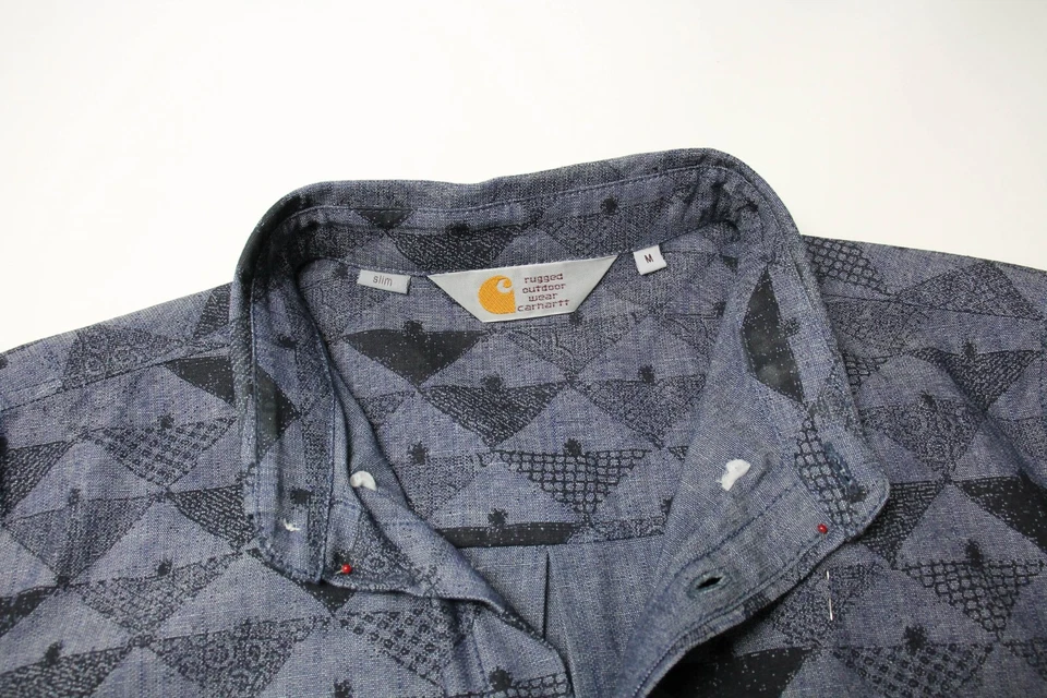 Carhartt Slim Hombres Camisa Mediano Estampado Azul Bolsillo Botón Manga Larga - Imagen 4 de 4