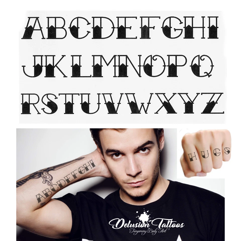 DELUSION TATTOOS BUCHSTABEN TEMPORÄRE TATTOOS, SET, ALPHABET, ARM, FINGER, HERREN, DAMEN, KINDER, SCHWARZ