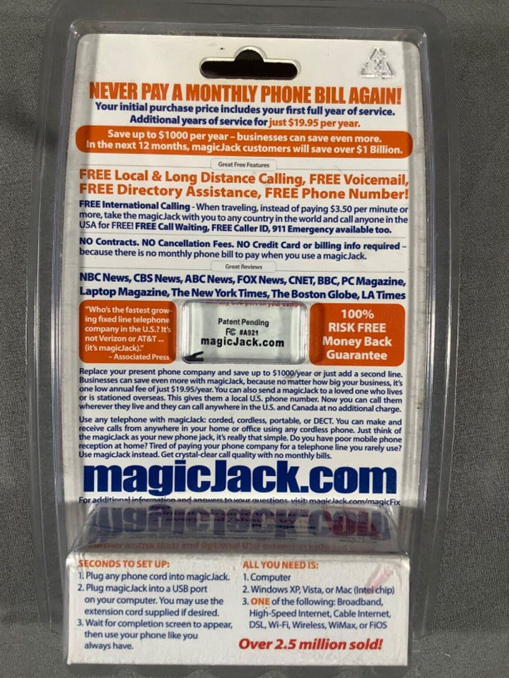 Magic Jack Local/Long Distance free calling A921 USB PC to phone jack