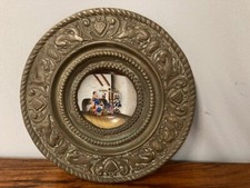 Antico Piatto miniatura Porcellana epoca XIX con cornice in ottone lavorazione