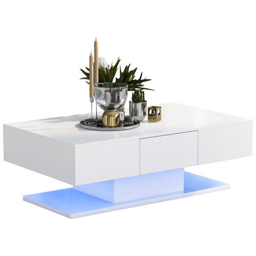 Modern Coffee Table with 2 Drawers LED High Gloss Living Room Table Furniture - Bild 1 von 19