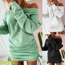Womens Drawstring Sweatshirt Bodycon Dress Jumper Ladies Long Sleeve Pullovers