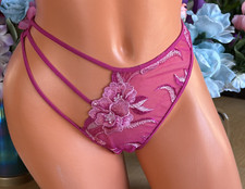 625 Fuschia Med Sheer Embroidered Floral Open Hip Bikini Brief Panties 163 NEW