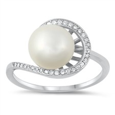 Clear CZ Freshwater Pearl Halo Ring .925 Sterling Silver Band Sizes 4-10 NEW