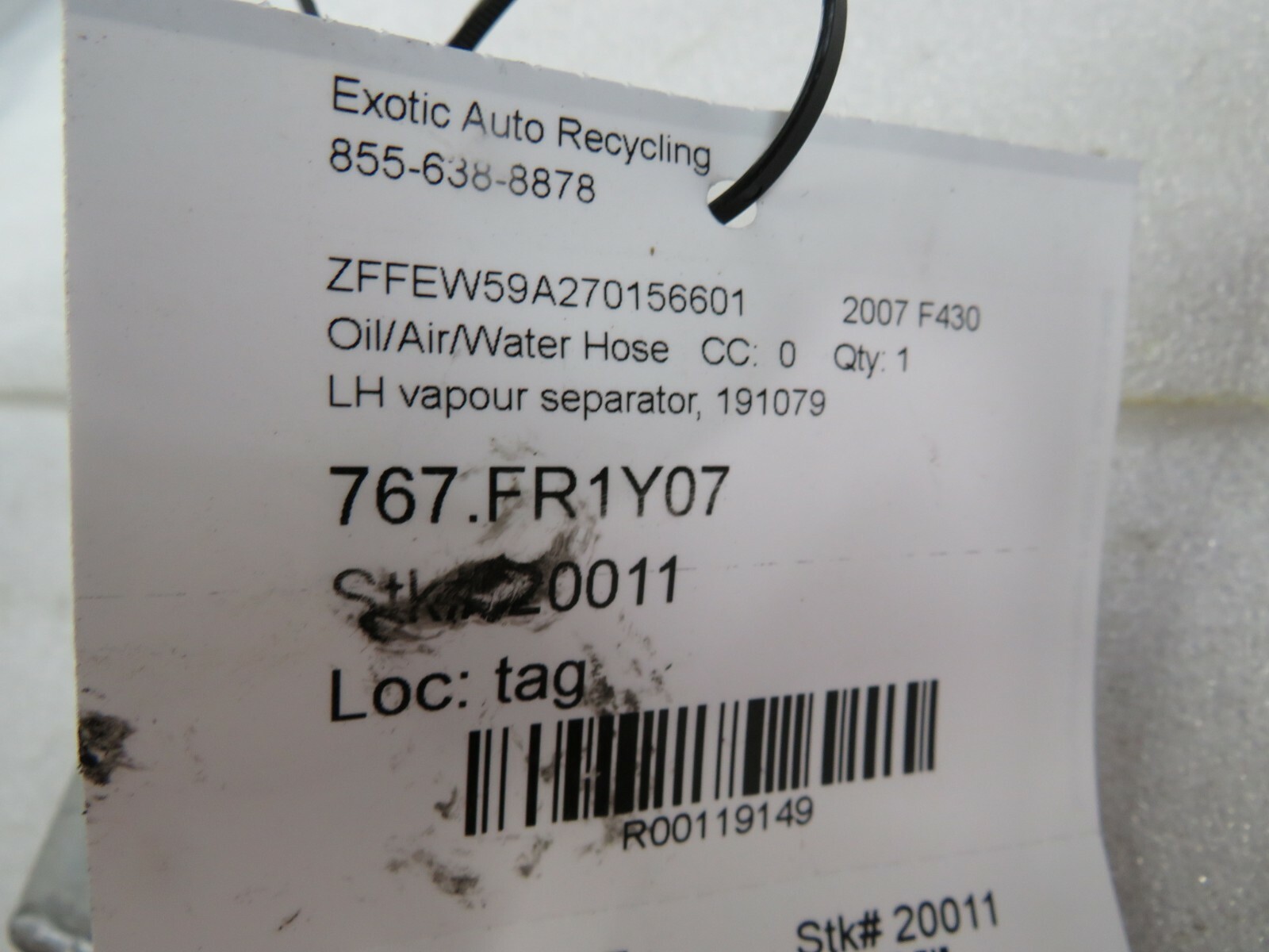 Ferrari F430, Spider, LH, Left Fuel Disareator, Used, P/N 191079