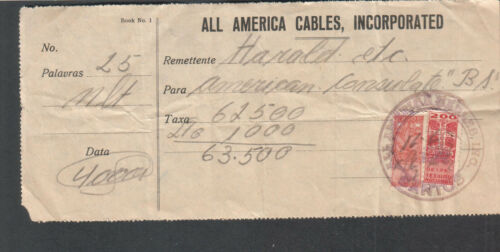 Brazil c1937 receipt revenue stamps All America Cables American Consulate Brazil - Afbeelding 1 van 2