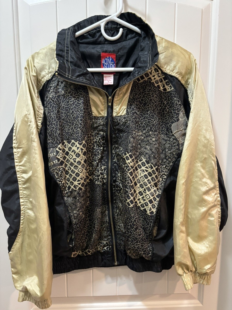 Active studio Windbreaker Jacket M Gold And Black Vntg 90s Active studio Windbreaker Jacket M Gold And Black Vntg 90s