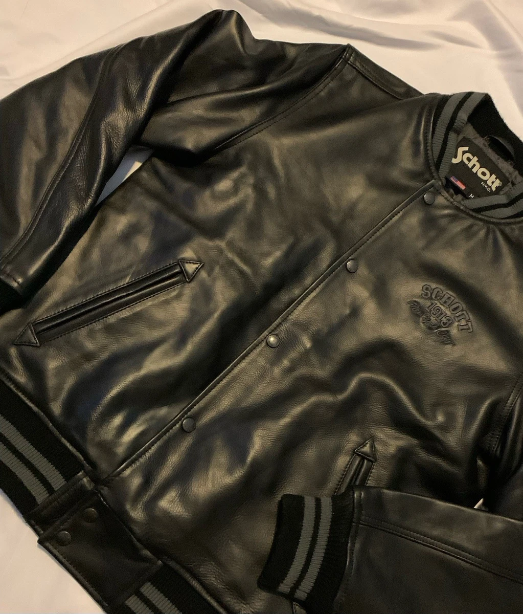 Chaqueta universitaria de bombardero de cuero para hombre Schott NYC talla M negra nueva con etiquetas