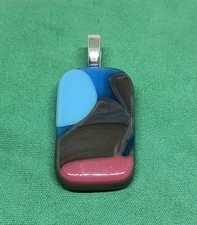 Hand Crafted  Fused Glass Pendant #1293 W/Chain Blue Gray Pink