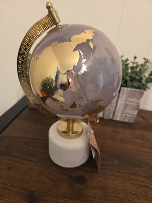 Mini Metal Rotating Glass Globe with Marble Stand - World Map Etched on Glass