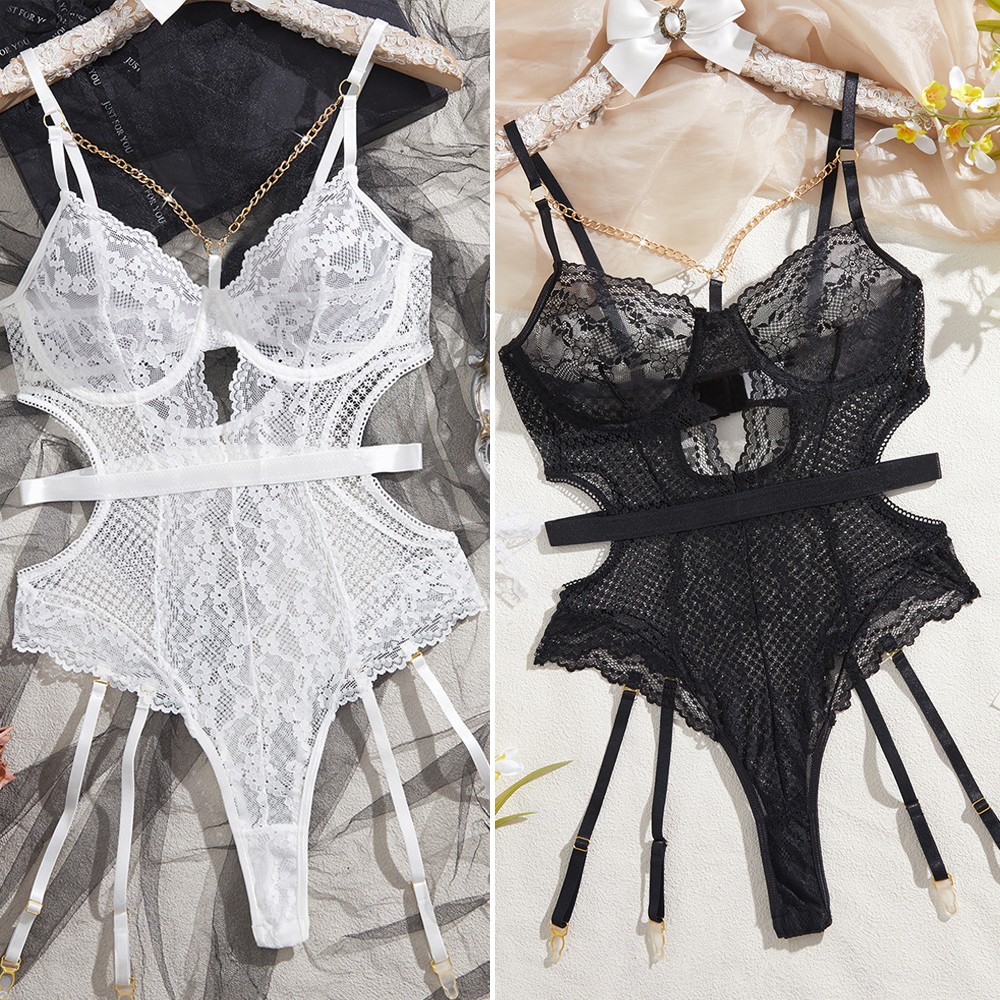 Sexy Lingerie for Womens Sleepwear Babydoll Lace Bodysuit with Garter Belt  Set