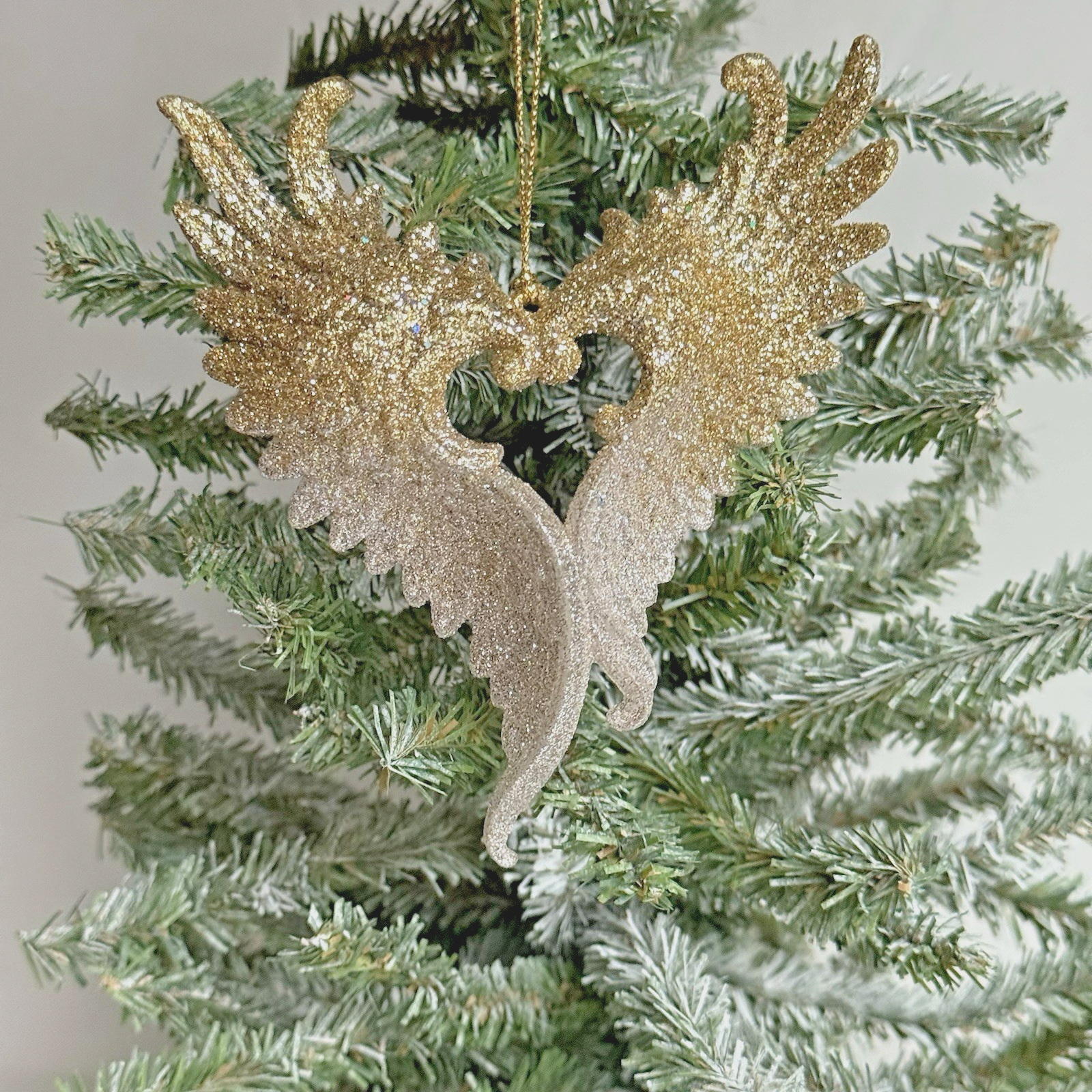 Christmas Gold Glittered Angel Wings Ornament w Heart Xmas Memorial Religious