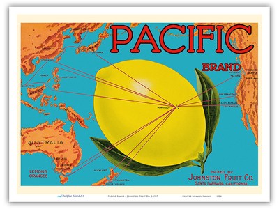 Pacific Brand - Pacific Ocean Map Routes - Vintage Fruit Crate Label 1917