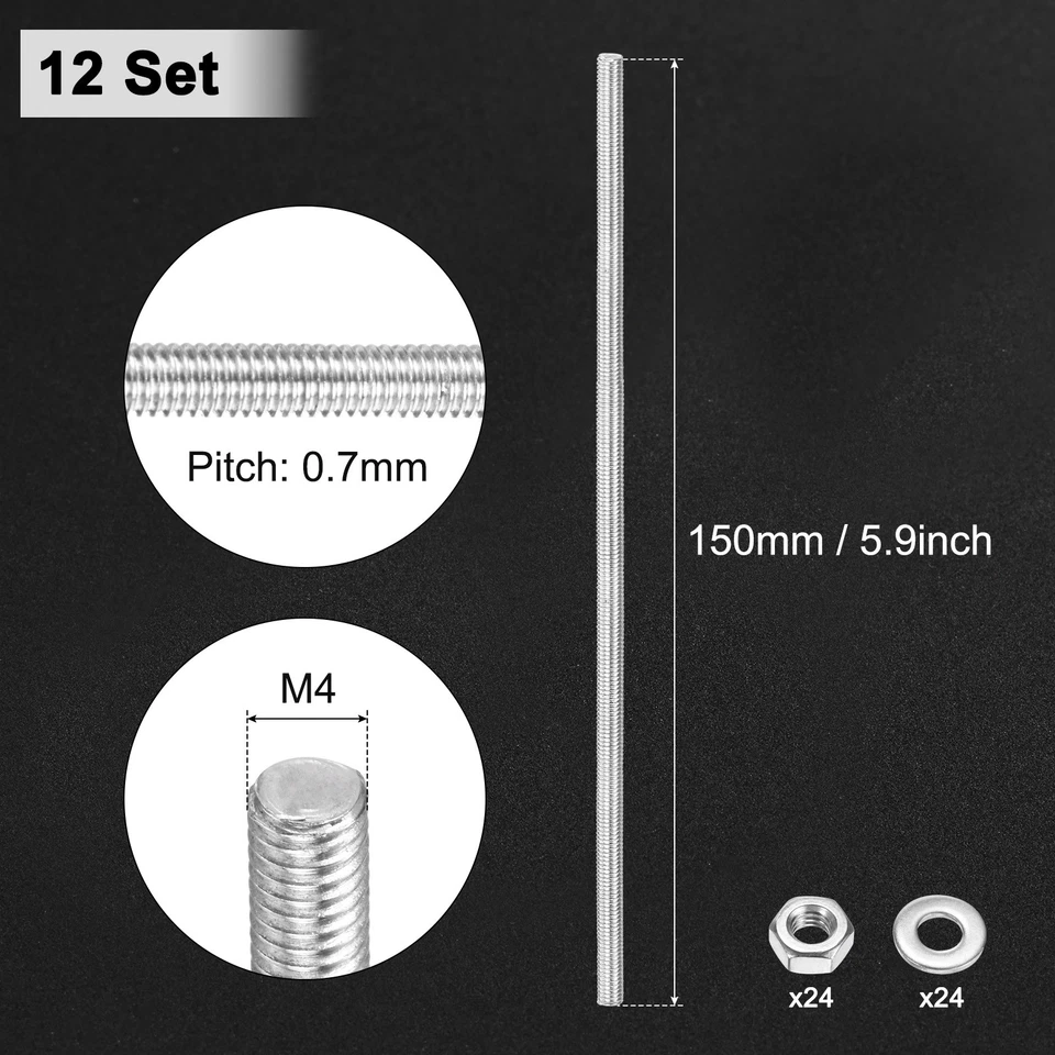 12-Pack Fully Threaded Rod, M4x150mm 201 Stainless Steel Right Hand with Nuts Foto 3 de 4