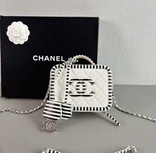 Auth Chanel Limited Edition Black & White Striped Caviar Vanity Case Bag