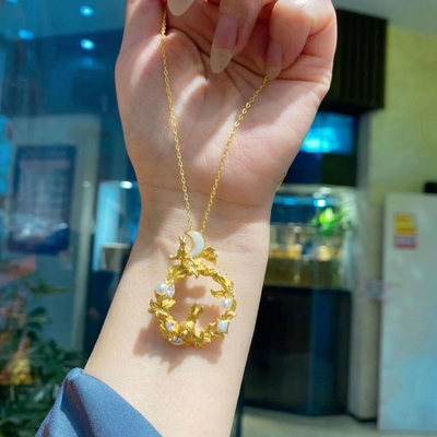 #ad #ad Sandy Gold Micro Inlaid Moon Rabbit Pendant Necklace Sweater Chain Jewelry $13.28