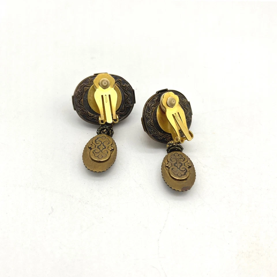 Pendientes de clip vintage ámbar y piedras preciosas negras ornamentadas colgantes Foto 4 de 4