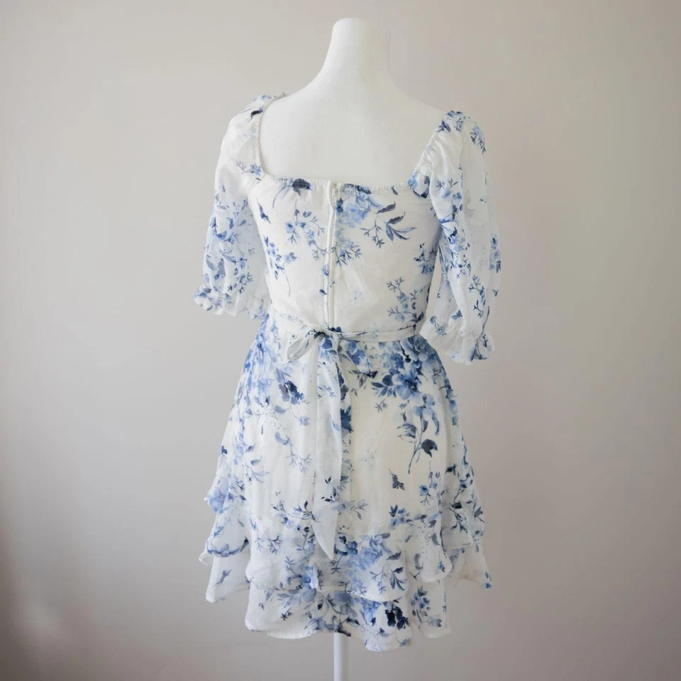 Платье женское Cottage Core белое синее с рукавами-затяжками цветочный китайский узор размер XS - Изображение 4 из 4
