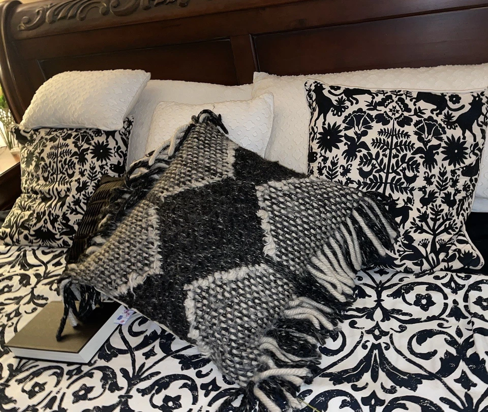 Large Boho Pillow Cover 28x20 Handwoven Black Beige Diamond Fringe Zipper - Image 3 of 4