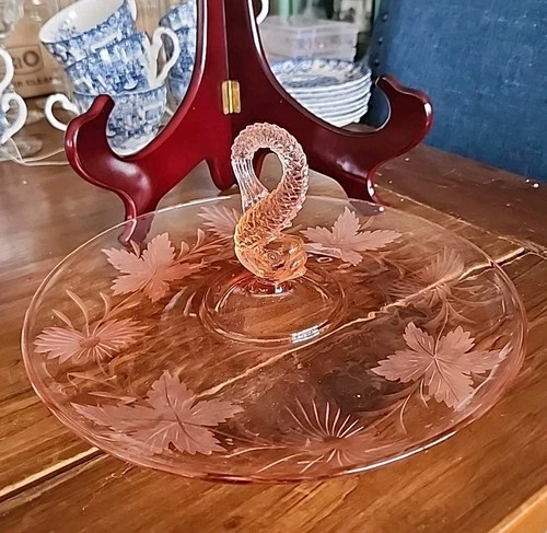 Rare Pink Depression Glass Etched Florals Posy Bowl With Koy Fish Handle