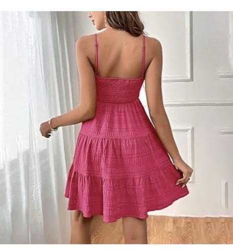 Charming Charlie Pink Tiered Smocked Square Neck Cami Dress Women’s Sz Medium - Picture 2 of 2